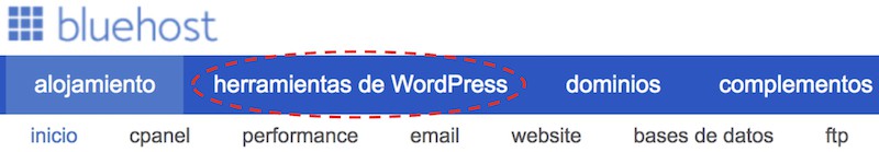 opcion de herramientas de wordpress en bluehost
