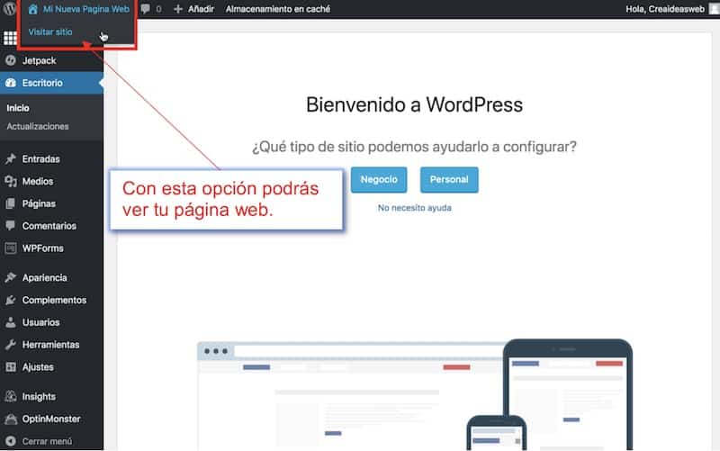 opcion para visitar sitio wordpress dentro del dashboard o escritorio